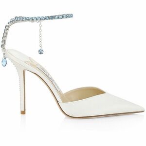 White Jimmy choo heel with blue crystal embellishment